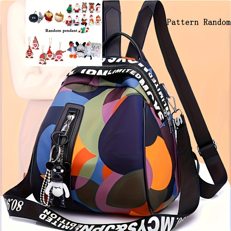 Chic Black Nylon Backpack - Large Capacity, Adjustable Straps, Fashion Print Casual Travel Bag with Zip Closure