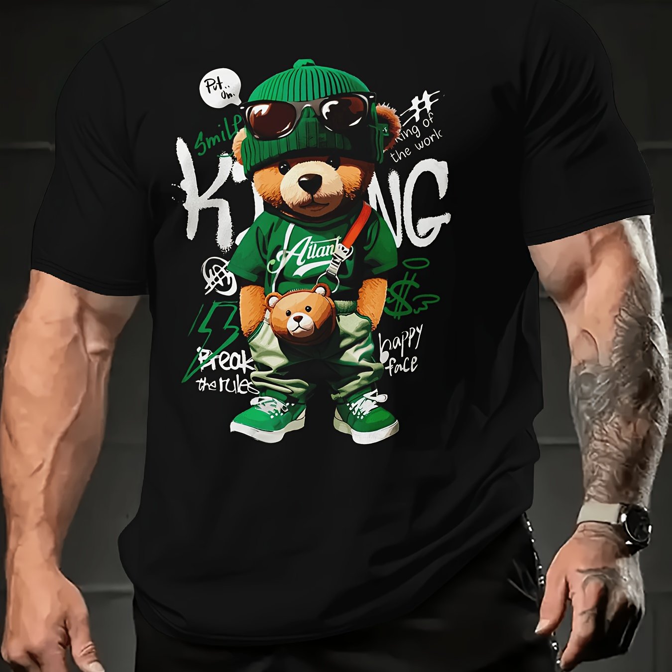 Summer 2024 Trendy Men's T-Shirt with Cool Bear Graphic - Soft Polyester, Crew Neck, Short Sleeve, Street Style