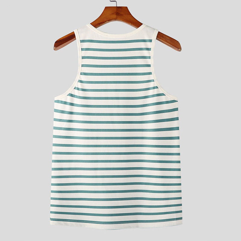 New Striped Men's Stretch Slim Metal Button Camisole