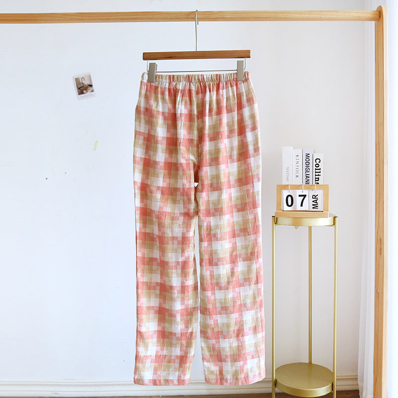 Pantaloni da donna casual in cotone a quadri in garza, stile moda femminile, con vestibilità comoda e design alla moda.