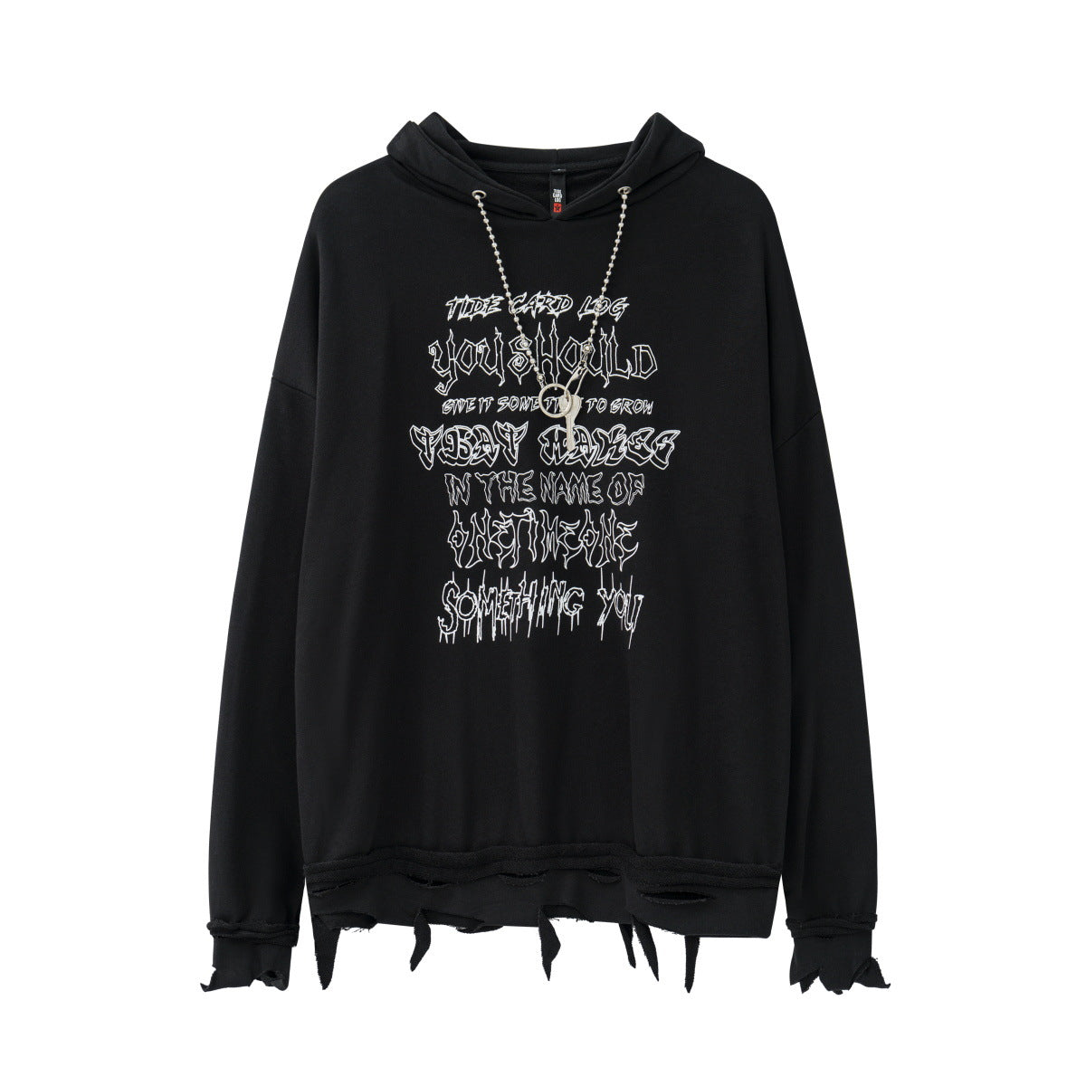 Felpa con orlo strappato, catena e lettere personalizzate di Valstrend shop, stile casual e alla moda.