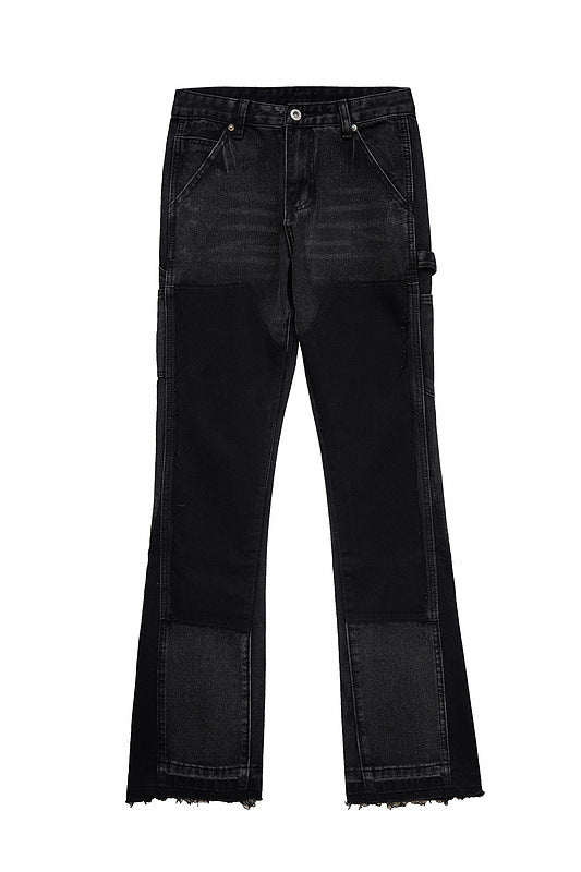 Jeans da uomo Valstrend stile high street, con cuciture a vista, deconstructed, neri, leggermente svasati e larghi.