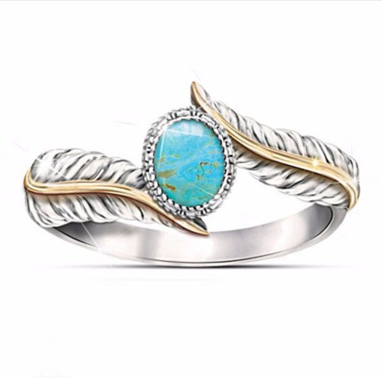 Anello in oro con piuma e turchese verde, stile europeo e americano, per festa o impegno, di Valstrend shop