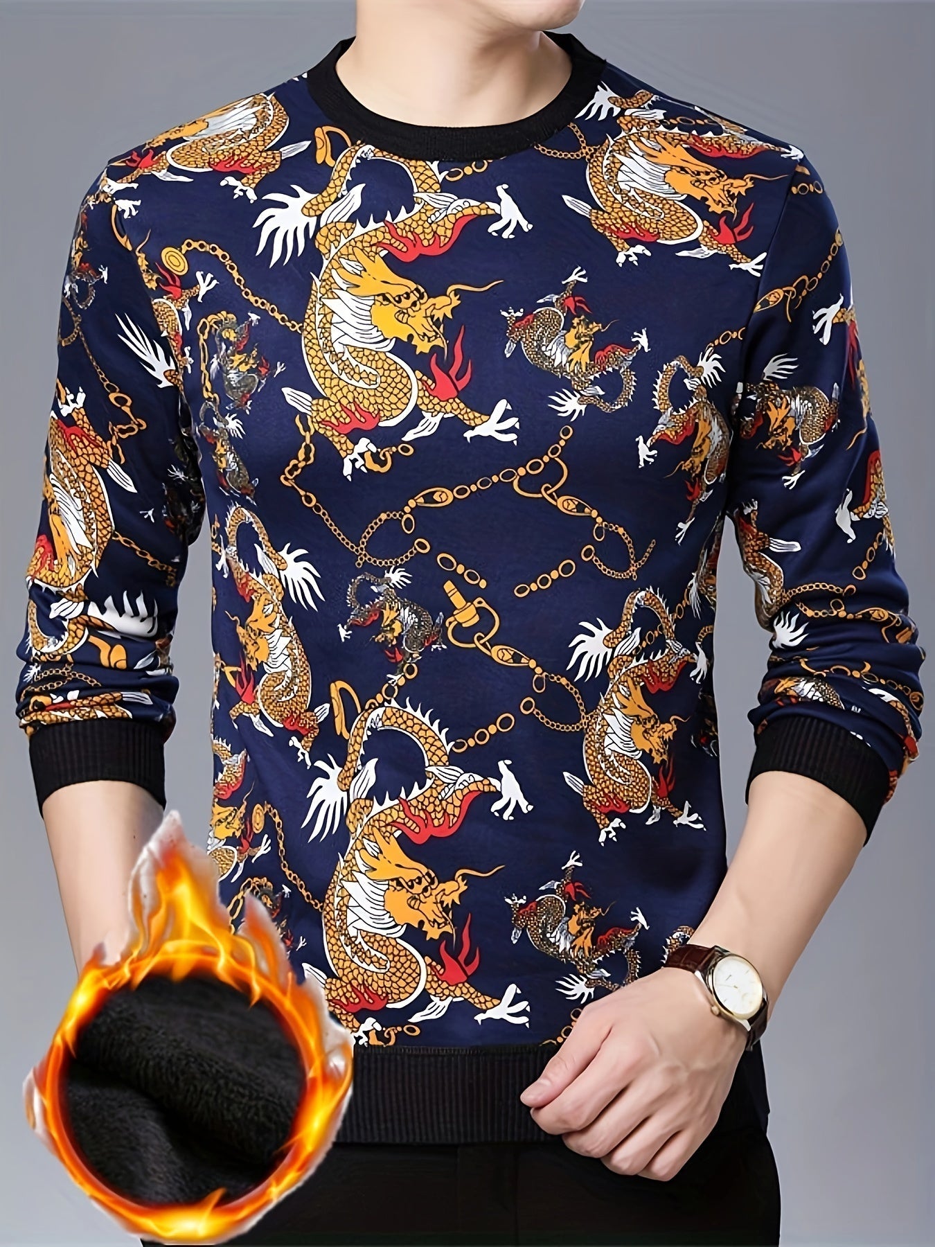 Maglione da uomo Valstrend con stampa drago, felpa interna in pile, collo giro casual, adatto per autunno e inverno, lavabile in lavatrice