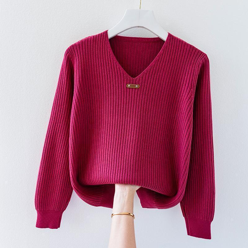 V-neck Jersey Women's Long Sleeve Loose Sweater