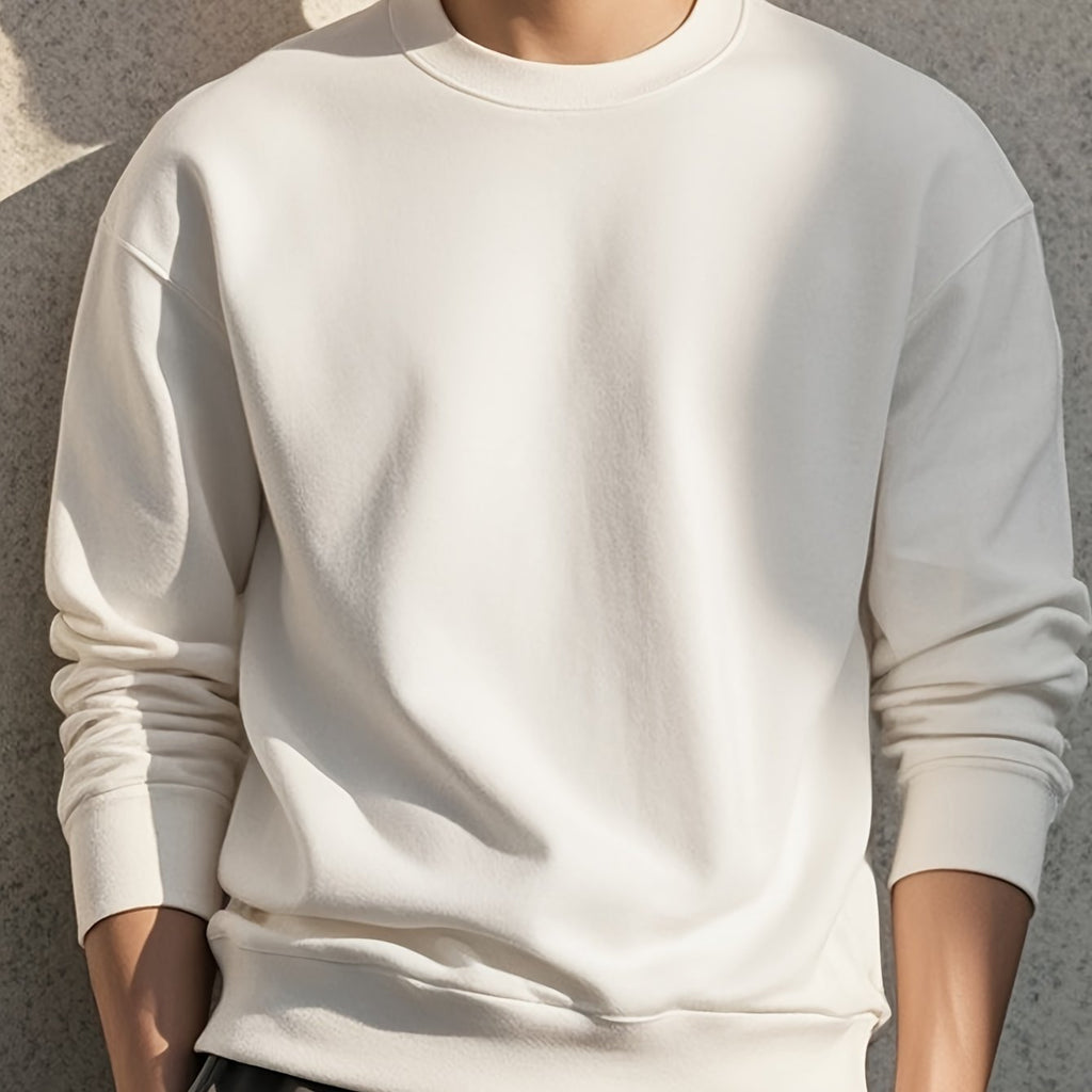 Men'S Fashion Long Sleeve Sweatshirt, Loose Fit, Stretch Polyester, Crew Neck, Solid Color, Knit Fabric, Casual Style, Autumn/Winter Collection