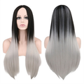 Parrucca lunga da donna di 68 cm, capelli lisci neri e grigi con gradiente, sintetica in seta resistente al calore.