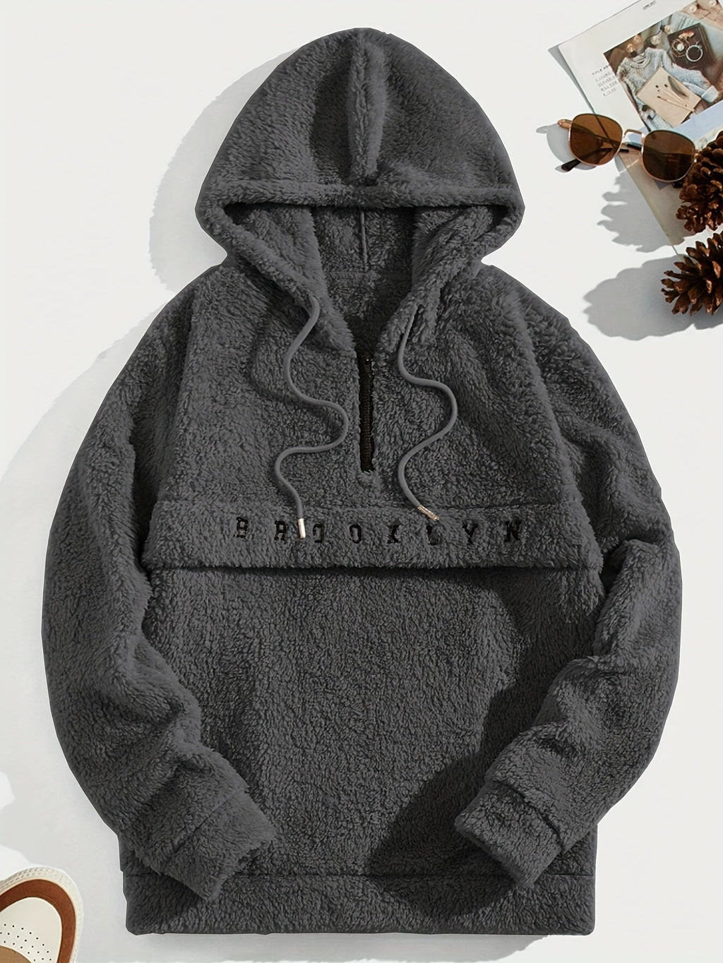Felpa con cappuccio classica da uomo Valstrend, morbida, con zip 1/4 e design ricamato, maniche lunghe, stile casual.