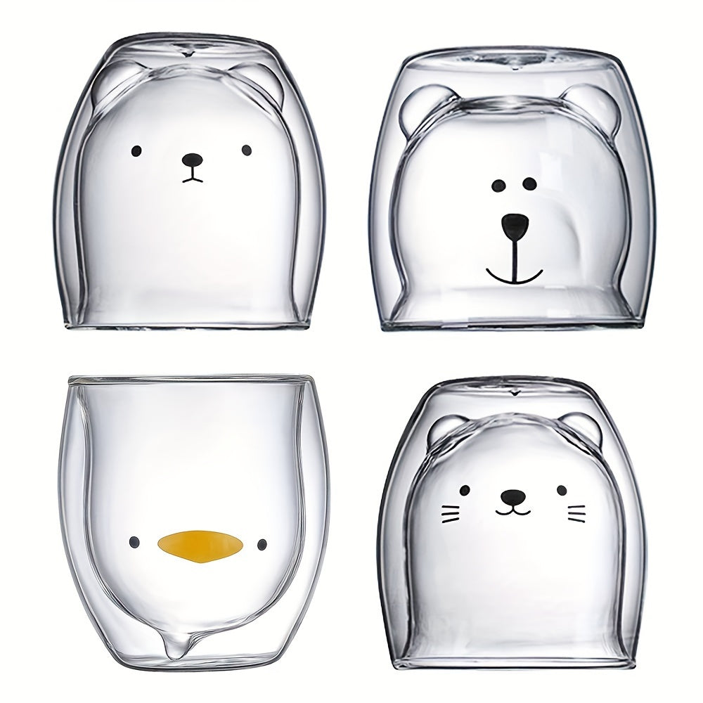 4pcs Set Cute Animal Glass Mugs - Double-Walled Insulated Espresso & Coffee Cups, Perfect for Tea, Milk, and Cold Drinks - BPA-Free, Reusable, Ideal for Valentine's Day & Birthday Gifts