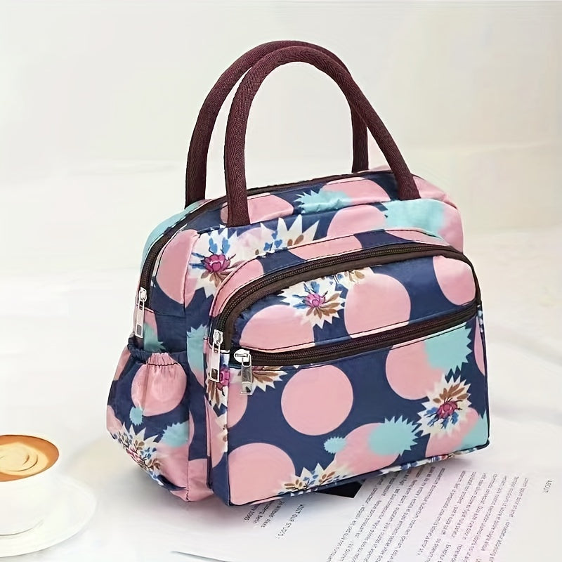 Fashion Floral Oxford Fabric Top-Handle Bag with Multi-Layer Zipper, Waterproof Lunch Bag, Lightweight with Fixed Shoulder Straps and Clutch, Polyester Lined - Guangzhou Large Capacity Portable Bento Bag
