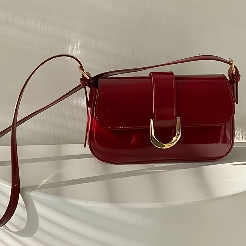 Chic Vintage-Inspired Baguette Bag for Women - Elegant Red Faux Leather with Detachable Strap, Lightweight & Sparkle Accents