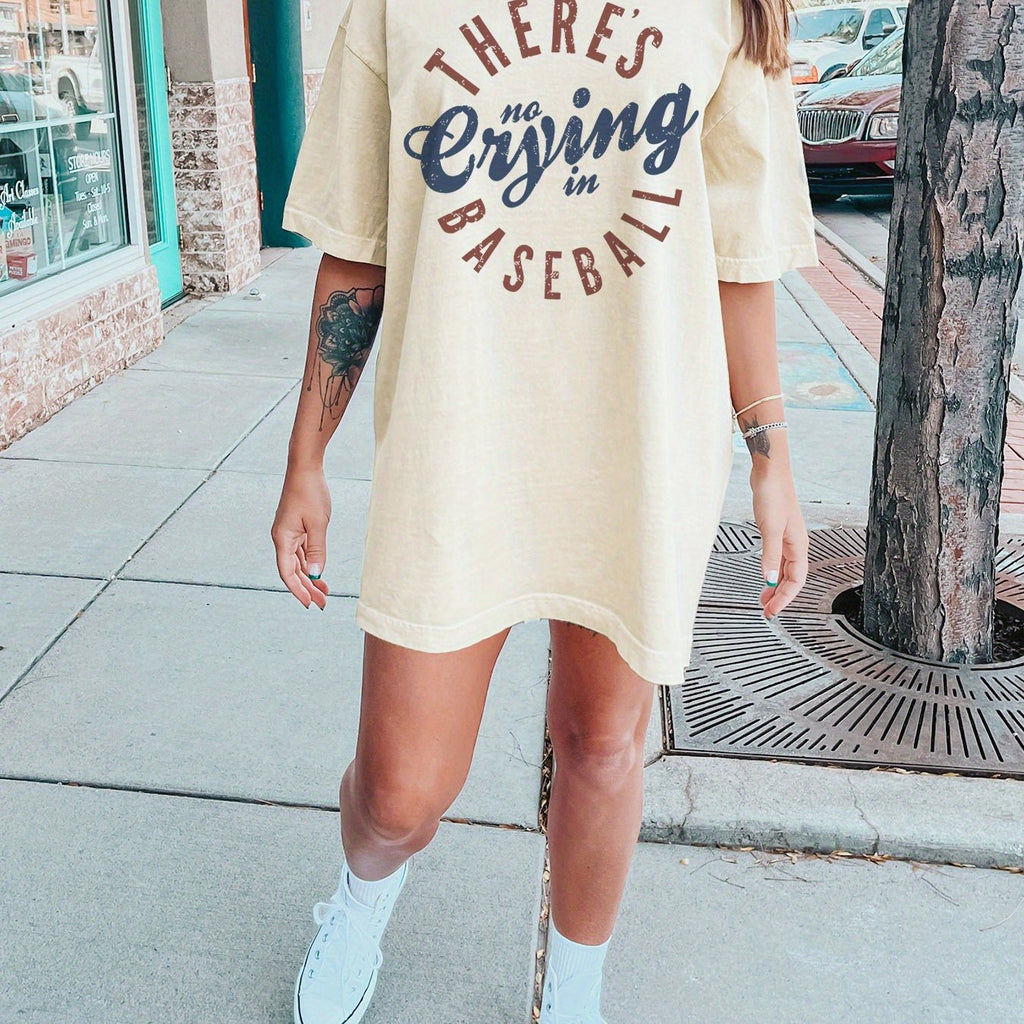 Cotton Knit Alphabet Print Casual T-Shirt Dress - Crew Neck, Short Sleeve, 100% Cotton Fabric, "There's No Crying in Baseball" Graphic, All Season Wear for Adults