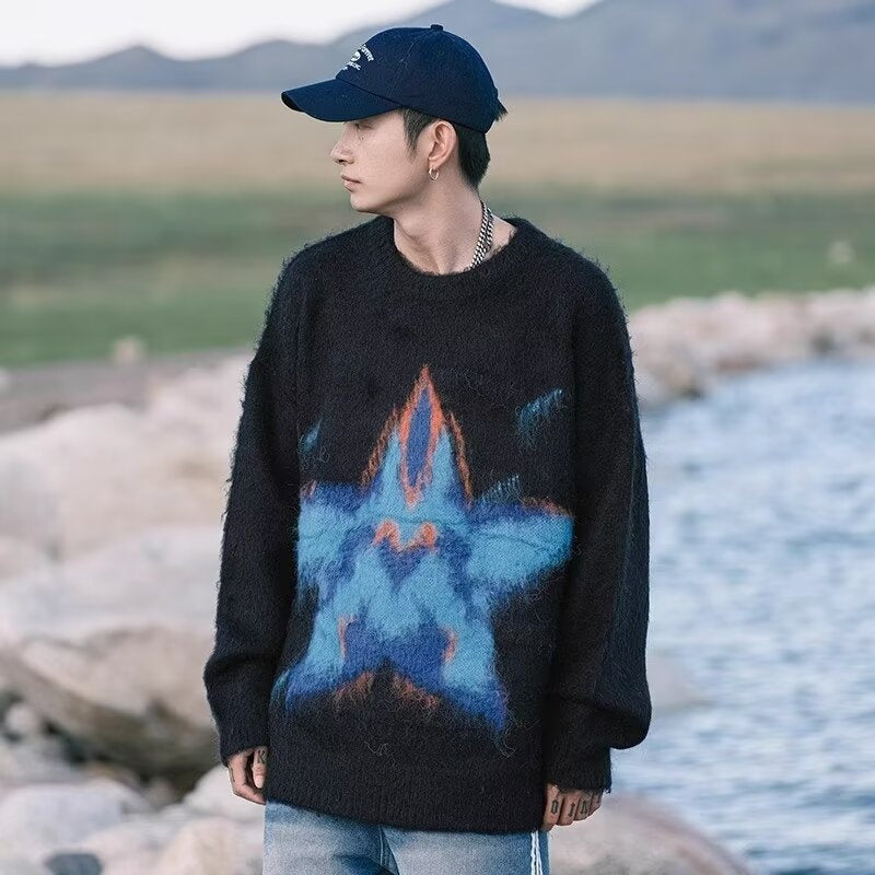 Maglione a collo alto Valstrend con stampa a stella a cinque punte, stile idle, maglia a maglia fine, dettaglio di moda.