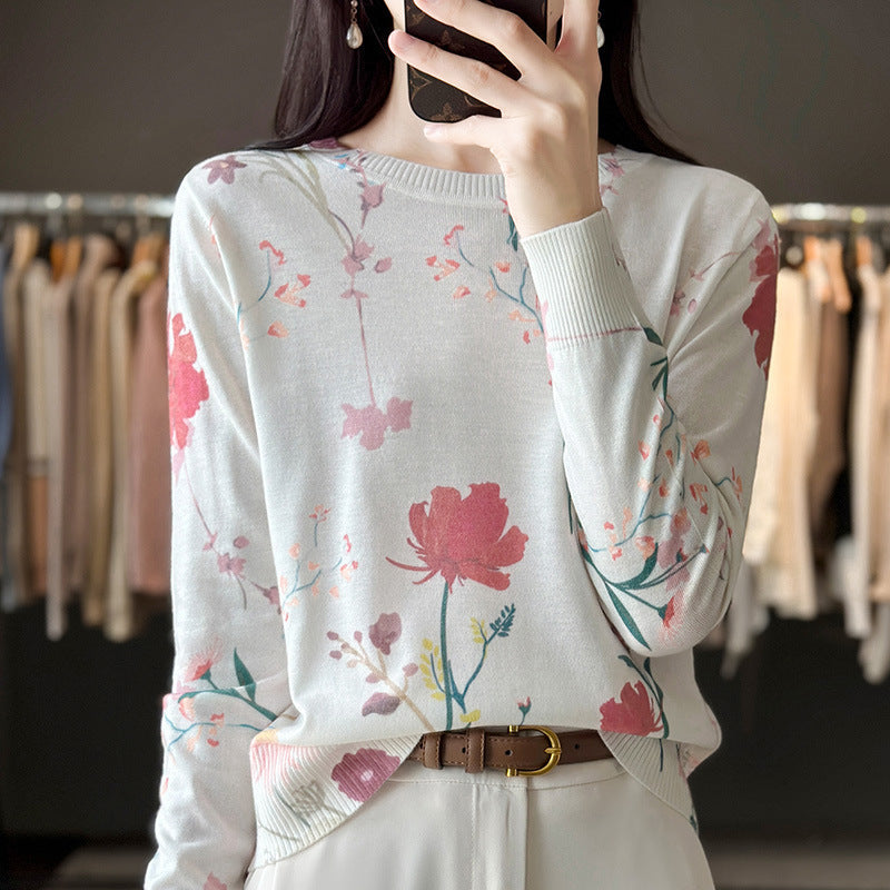Maglione girocollo stampato in seta e lana merino Valstrend, morbido e caldo, con motivo grafico e taglio classico.