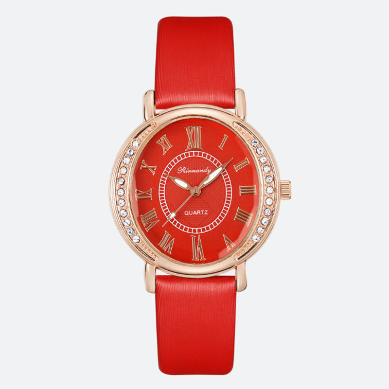 Orologio donna Valstrend con cinturino in pelle, quadrante con cristalli incastonati e movimento al quarzo elegante.