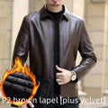 Giacca in pelle Valstrend per uomini di mezza età con collo alto e interno in pile, stile elegante e caldo.