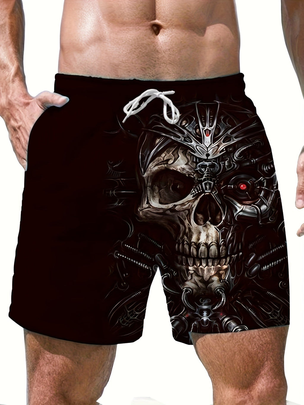 Pantaloncini da spiaggia da uomo Valstrend con stampa skull 3D, coulisse, ideali per estate, piscina e resort.