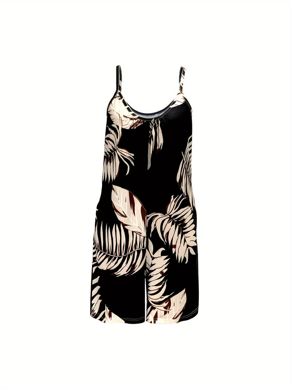 Combinazione di camicetta e salopette con stampa tropicale, maniche senza maniche e tasche, abbigliamento femminile Valstrend.