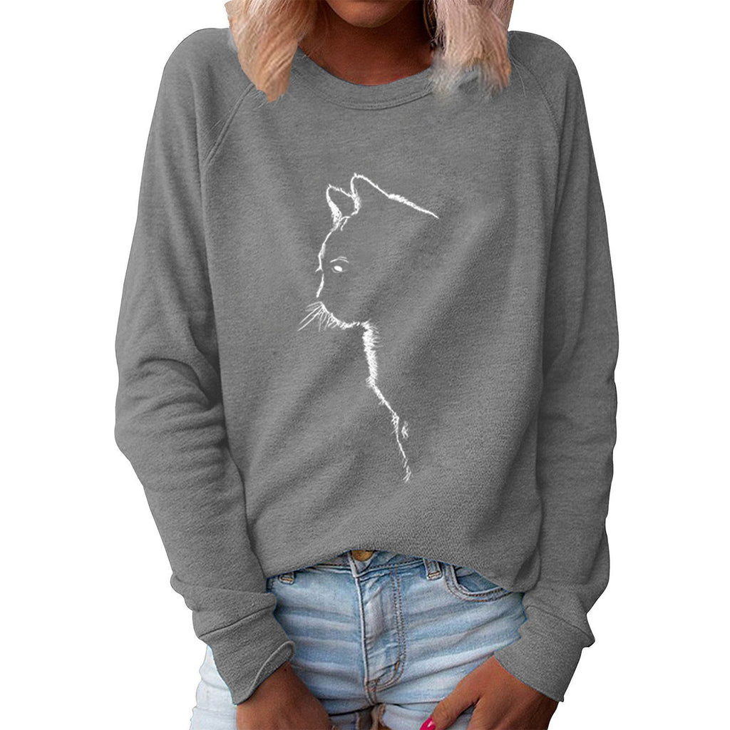 Maglione donna Valstrend con stampa creativa di gatto, collo rotondo a maniche lunghe, morbido e comodo.