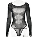 Tuta donna Valstrend in maglia elasticizzata trasparente con maniche lunghe, dettagli in strass e motivo traforato elegante