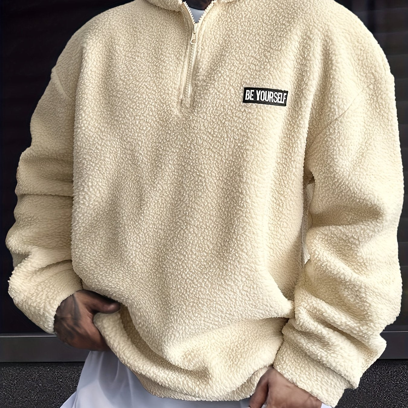 Men's Casual Fleece Hoodie - Solid Color, Long Sleeve with 1/4 Zip Detail, Machine Washable