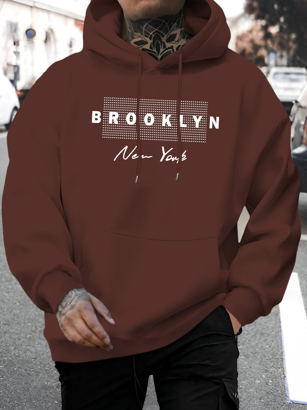 Men'S Brooklyn New York Graphic Print Hoodie - Casual Knit Fabric Pullover with Drawstring Hood for Fall/Winter, Regular Fit, 100% Polyester, Long Sleeve Hooded Sweatshirt