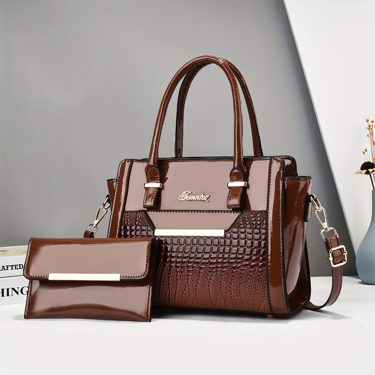 Chic Glossy Faux Leather Tote & Clutch Set - Adjustable Strap, Zip Closure, Polyester Lined - Available in Magenta, White, Red, Black