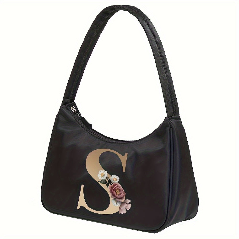 Floral Letter Print Shoulder Bag, Fashion Nylon Underarm Bag, Women's Zipper Handbag & Purse