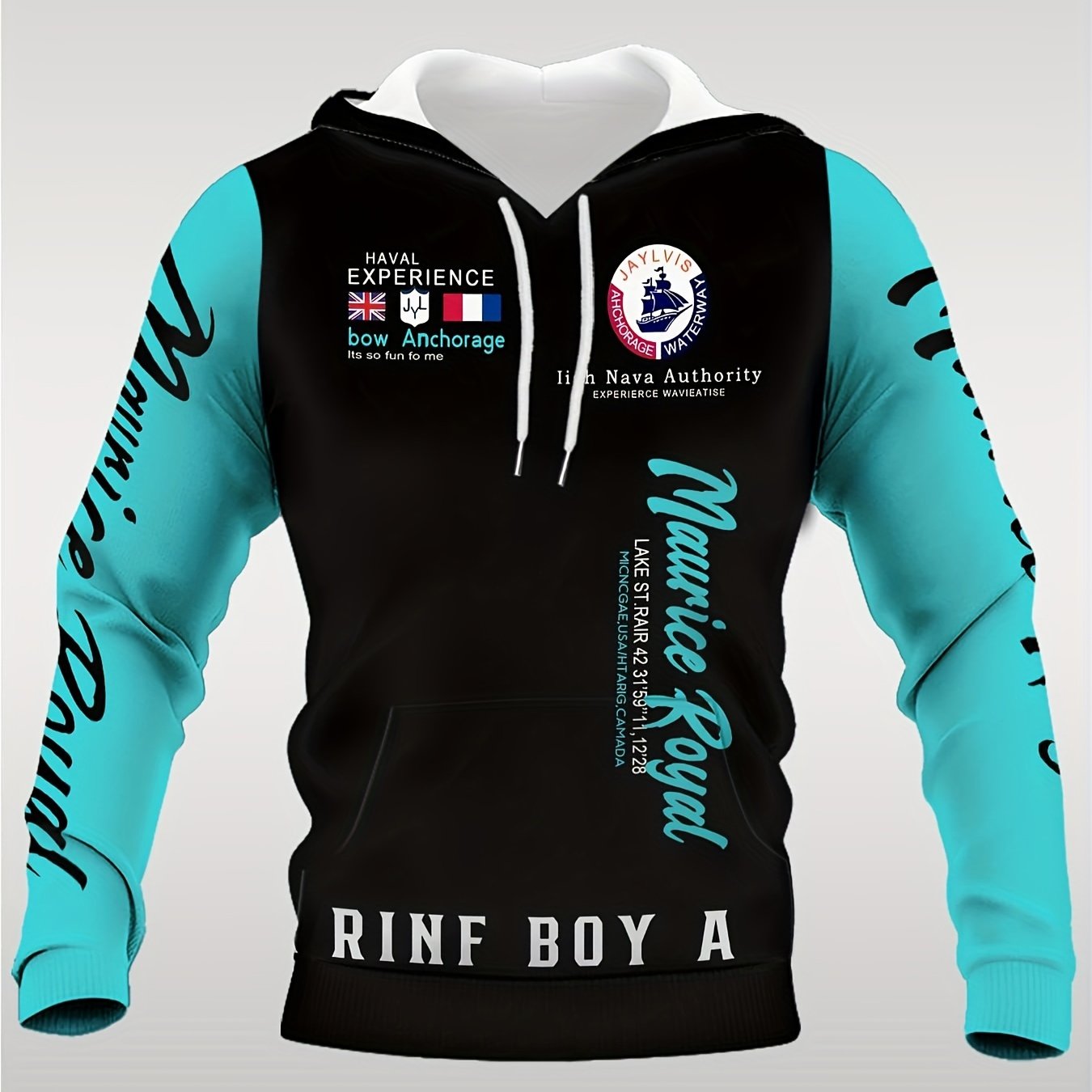 Felpa casual da uomo Valstrend con stampa digitale 3D, blu e nero, tessuto elastico e confortevole, ideale per autunno e inverno.