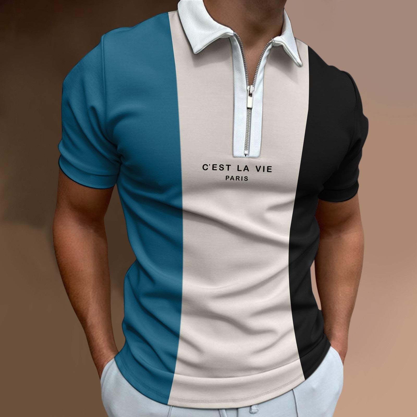 Maglietta polo da uomo Valstrend in cotone per l'estate, con zip e colori coordinati, stile sportivo e casual.