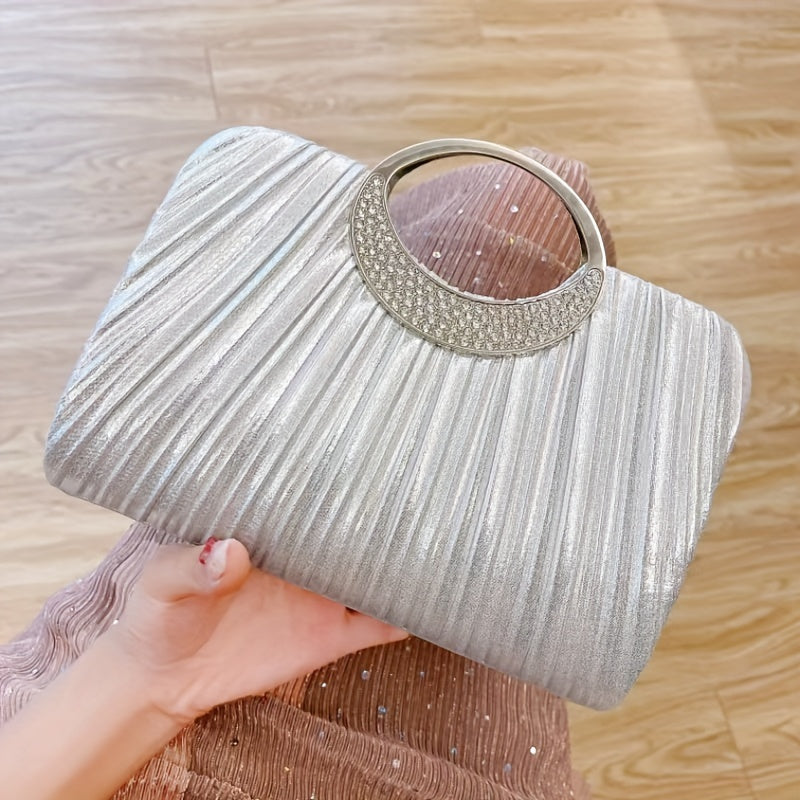 Elegant Women's Pleated Evening Clutch - Fashionable Handbag for Weddings, Parties & Proms in Silvery or Champagne