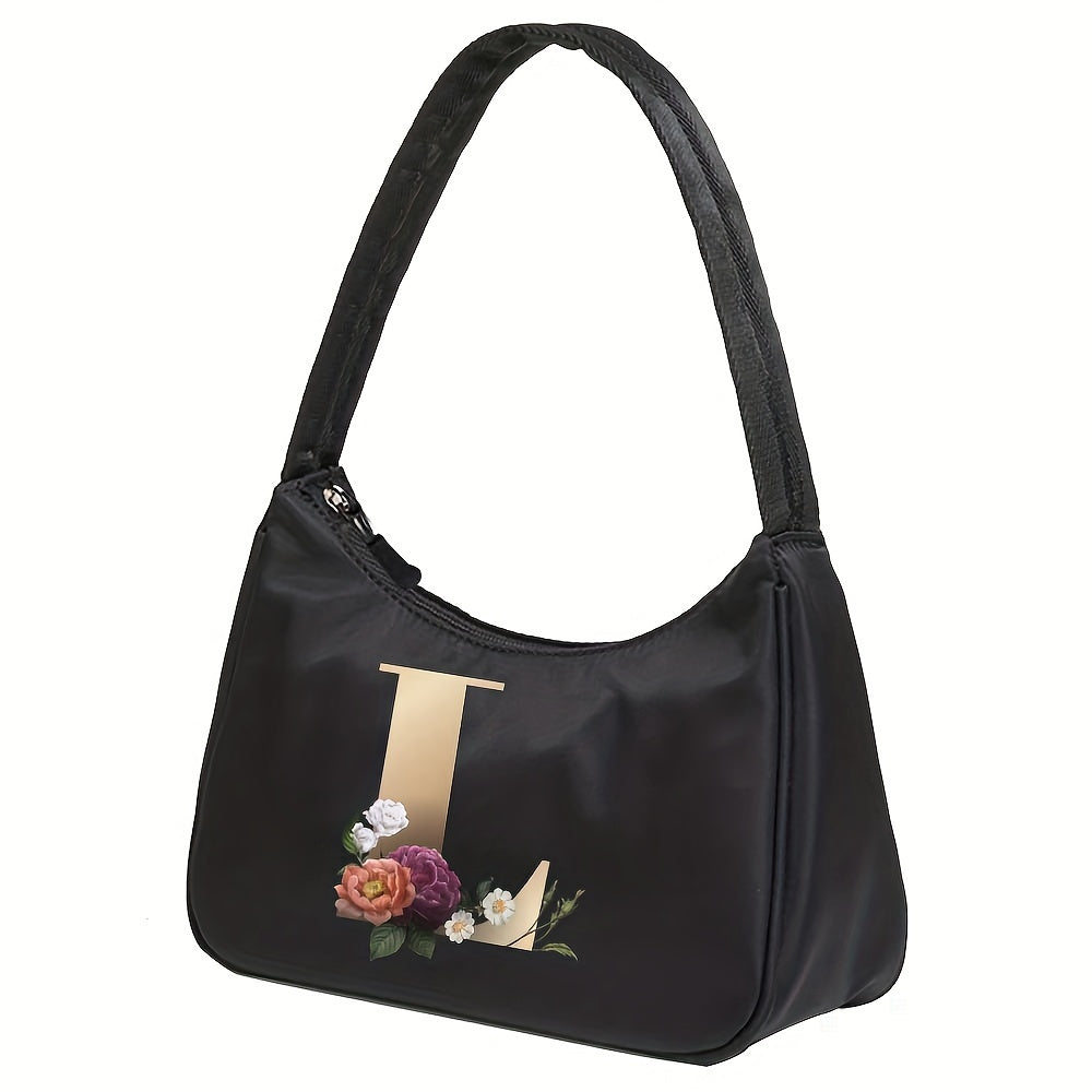 Floral Letter Print Shoulder Bag, Fashion Nylon Underarm Bag, Women's Zipper Handbag & Purse