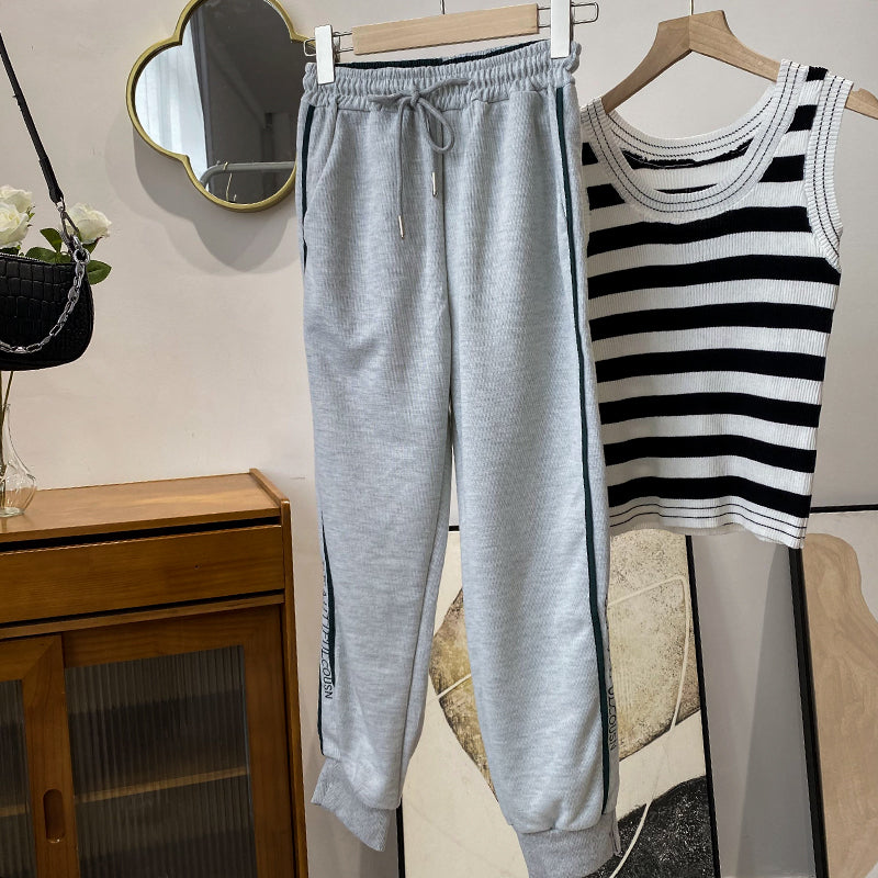Women's Gray Letter Elastic-waisted Straight-leg Pants