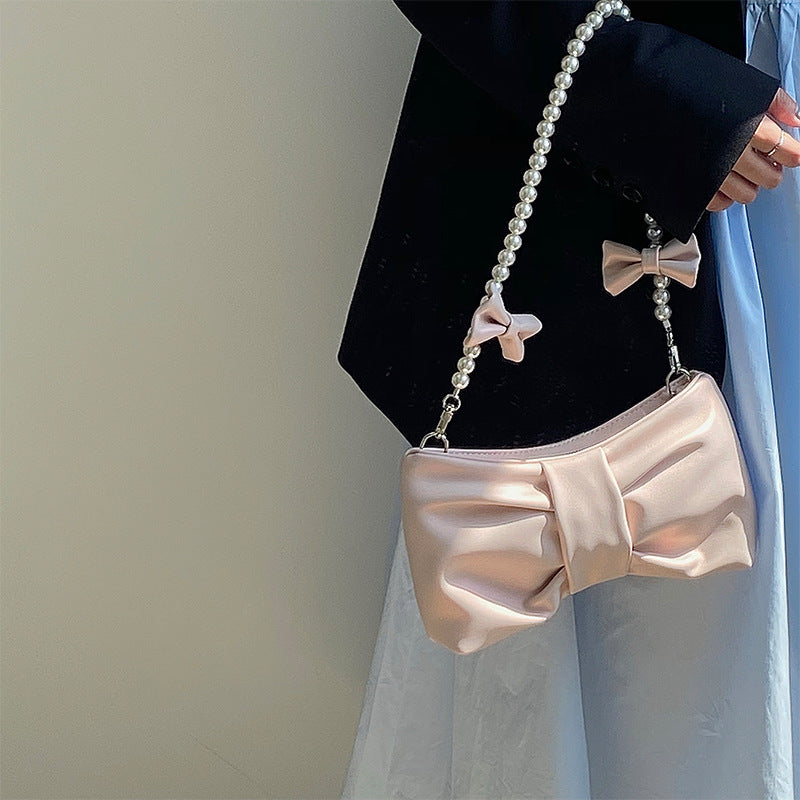 Borsa a spalla con fiocco di perle, tracolla sottoascella, borsa messenger donna Valstrend, stile dolce e elegante