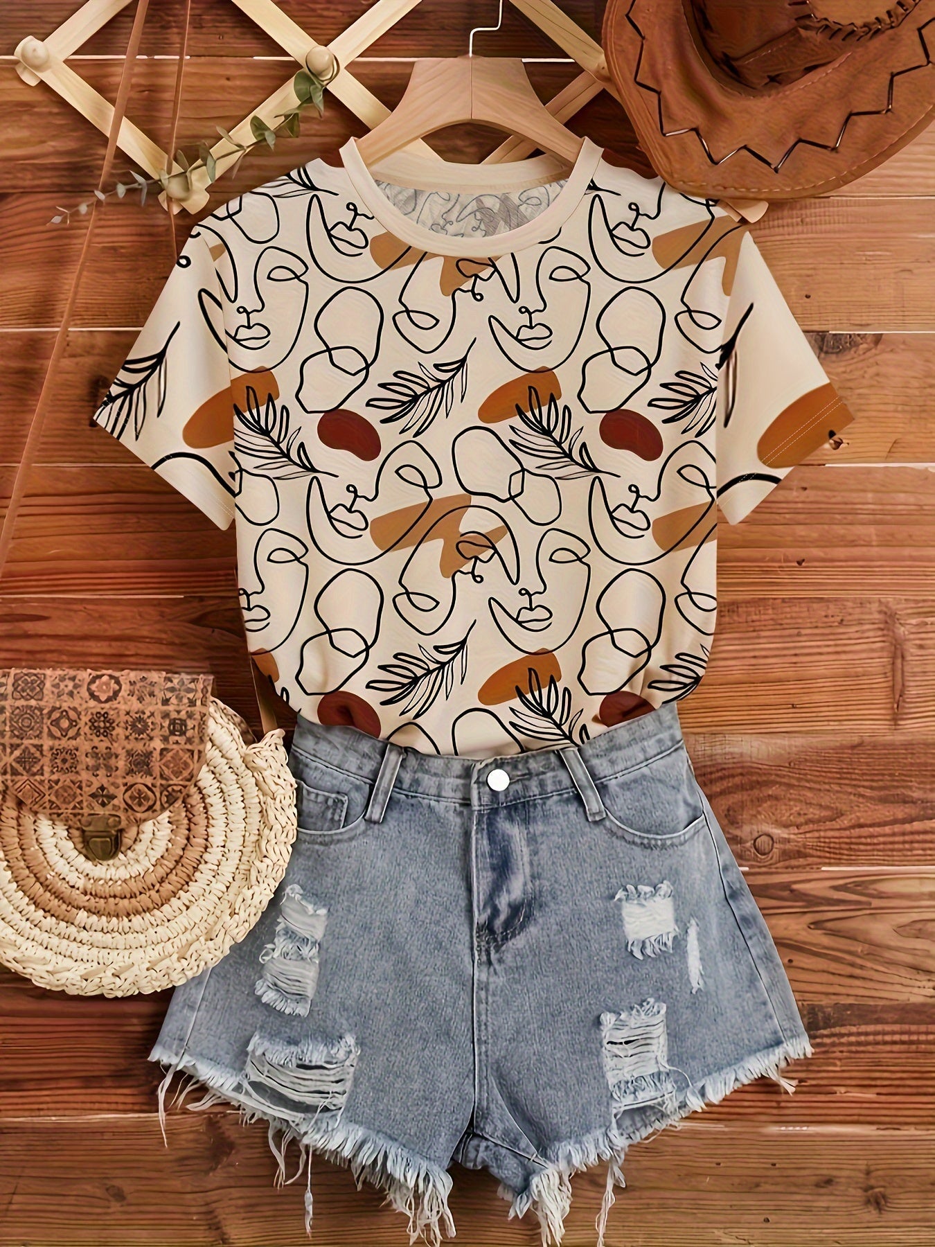 T-shirt donna Valstrend con stampa astratta, maniche corte, collo rotondo, adatta per primavera ed estate.