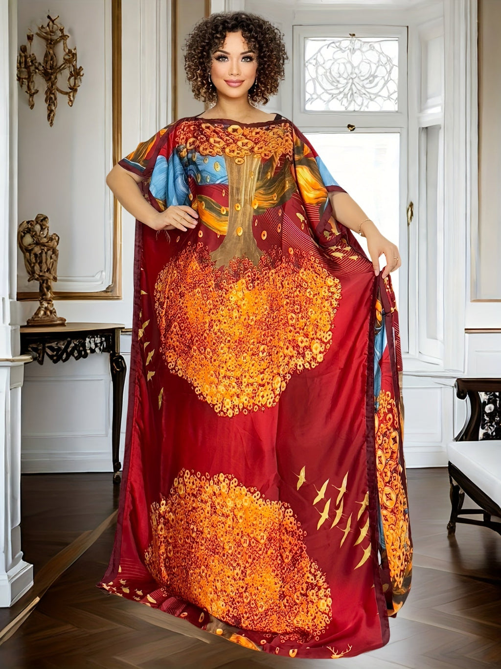 Vestito caftano a stampa totale, maxi elegante con maniche a pipistrello, abbigliamento donna taglia comoda Valstrend.