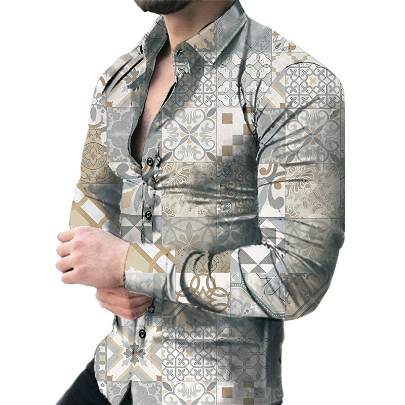 Camicia da uomo casual a maniche lunghe Valstrend con grande motivo floreale, tessuto leggero e stile rilassato.