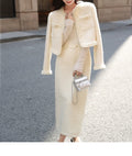 Completo da donna di moda Chanel, giacca e gonna eleganti in tessuto di alta qualità, stile sofisticato e raffinato.