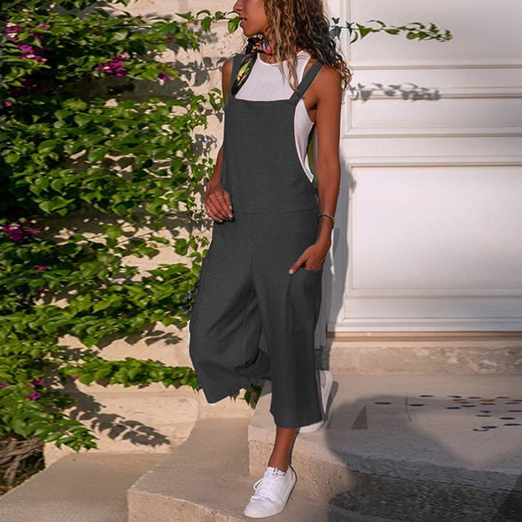 Giacca jumpsuit casual in cotone e lino Valstrend, ampio e lungo con pantaloni larghi, stile rilassato e comodo.