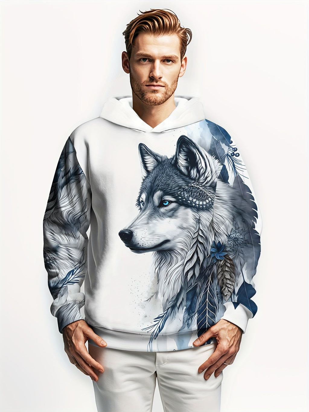 Felpa con cappuccio da uomo Valstrend con grafica lupo e foglie, stile casual e moderno a maniche lunghe.