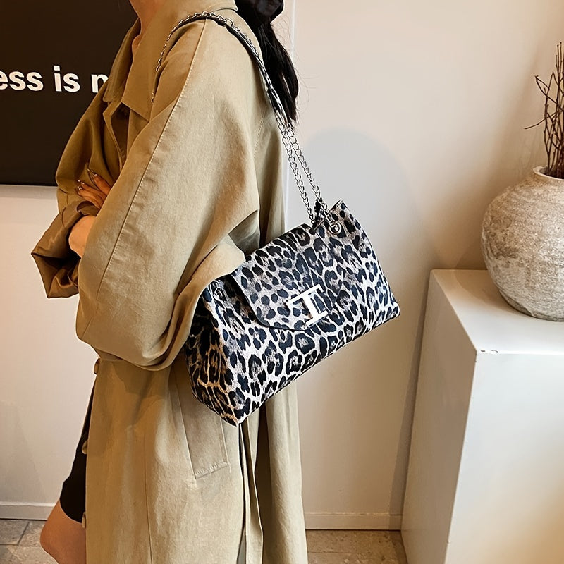 Women'S Faux Leather Leopard Print Underarm Bag, Versatile Fashion Shoulder Purse for Outings and Dates, Black and Beige, Magnetic Closure, Polyester Lining