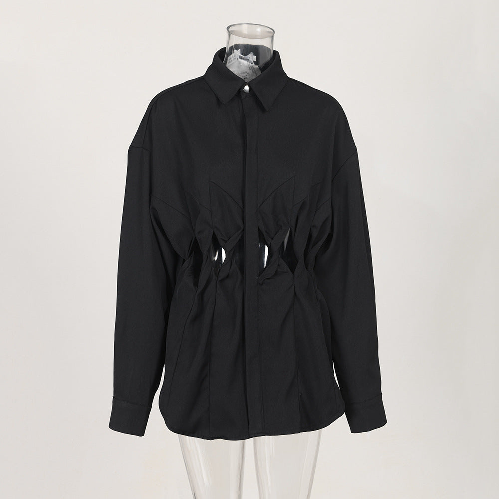 Camicia lunga nera Valstrend con cuciture traforate, maniche lunghe, stile loose e design a bottoni singoli.
