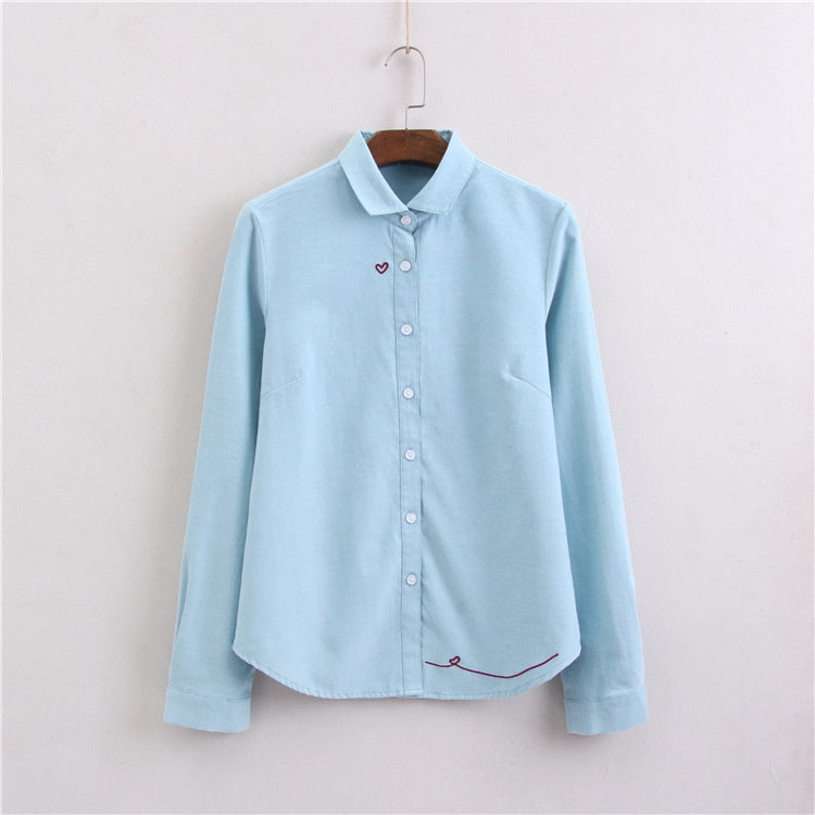 Camicia da donna Valstrend con ricamo a forma di cuore, tessuto oxford a maniche lunghe, stile elegante e casual.