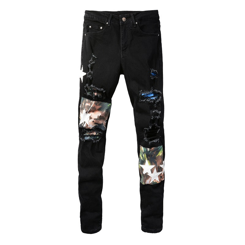 Jeans slim neri con strappi e patch a stampa stella bianca per uomo, marca Valstrend shop, dettaglio di taglio aderente e stile casual
