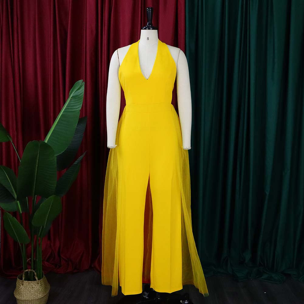 Combinazione di jumpsuit a rete con cuciture moda taglia grande, stile europeo e americano, marca Valstrend Shop.