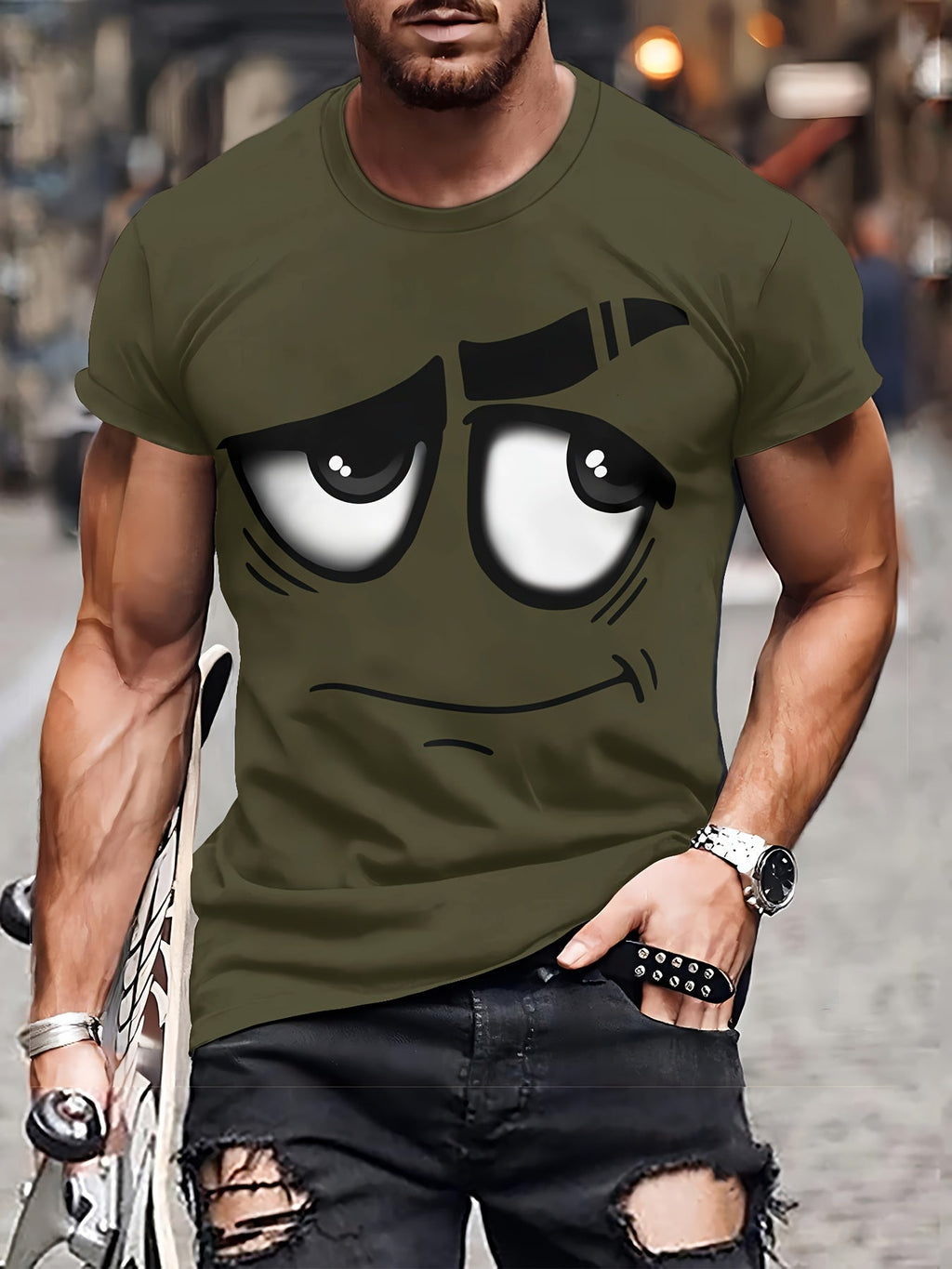 T-shirt casual da uomo Valstrend, maglietta con grafica 3D originale, in poliestere, colletto rotondo, lavabile in lavatrice.