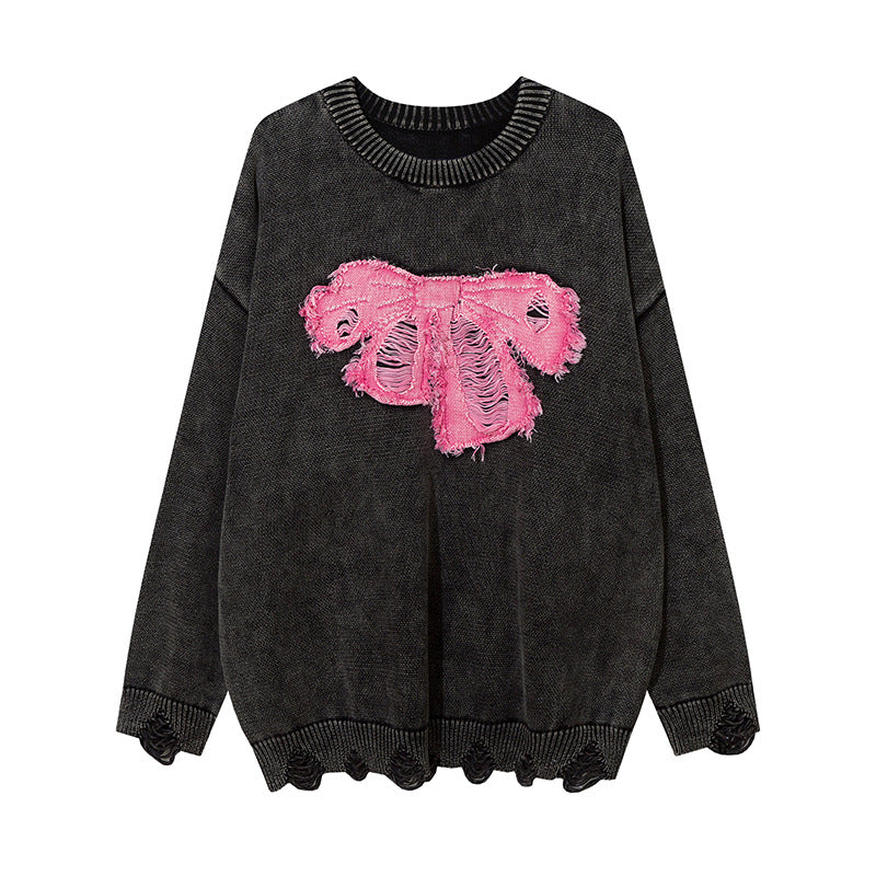 Contrast Color Paste Cloth Embroidery Bow Pullover
