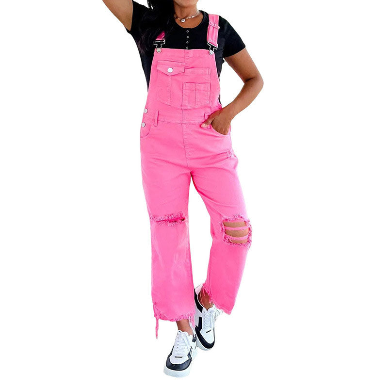 Pantaloni da donna Valstrend shop in denim a gamba larga, con bretelle, colore solido e dettagli strappati, stile street casual