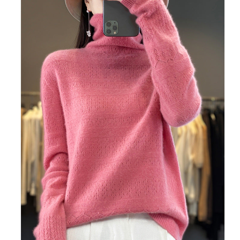 Maglione donna Valstrend in 100% lana con collo a maniche lunghe, fronte lineare, pronto da indossare, stile caldo e elegante