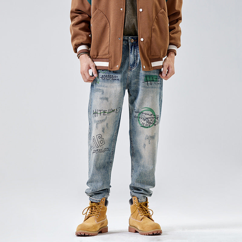 Pantaloni casual da uomo Valstrend in denim americano, larghi e dritti, stile relax con tasche frontali e vita elastica.